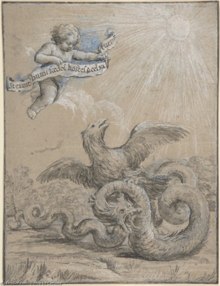 Wikioo.org - The Encyclopedia of Fine Arts - Painting, Artwork by Pietro Da Cortona - Design with an Eagle Fighting with a Serpent and a Putto in the Sky Holding an Inscribed Banner