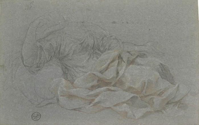 Wikioo.org – La Enciclopedia de las Bellas Artes - Pintura, Obras de arte de Pietro Da Cortona - Figura vestida, sentada, con los brazos extendidos, mirando hacia la derecha
