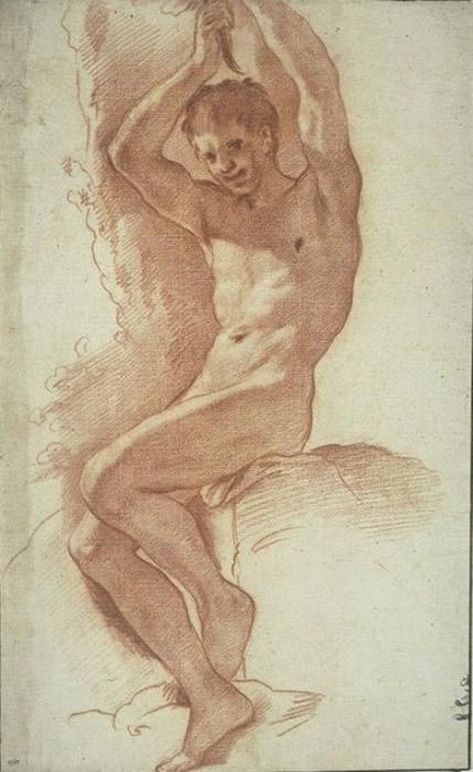 Wikioo.org - The Encyclopedia of Fine Arts - Painting, Artwork by Pietro Da Cortona - Naked man, seated, with arms raised