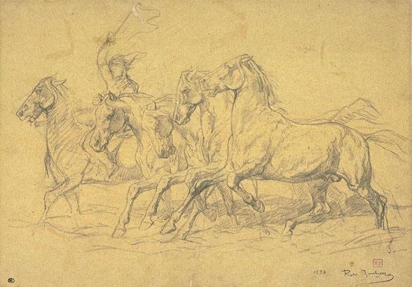 WikiOO.org - Encyclopedia of Fine Arts - Festés, Grafika Rosa Bonheur - Five horses at the trot, led by a man