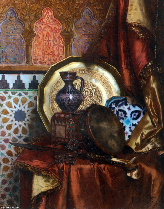 Wikioo.org - The Encyclopedia of Fine Arts - Painting, Artwork by Rudolph Ernst - A Tambourine, Knife, Moroccan Tile and Plate on Satin covered Table