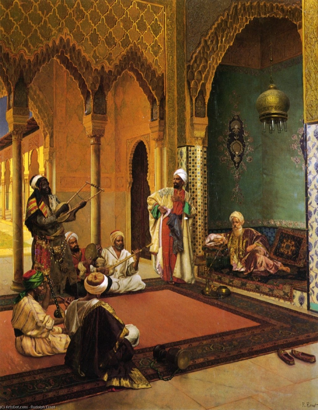 Wikoo.org - موسوعة الفنون الجميلة - اللوحة، العمل الفني Rudolph Ernst - Traveling Musicians Playing for the Sultan