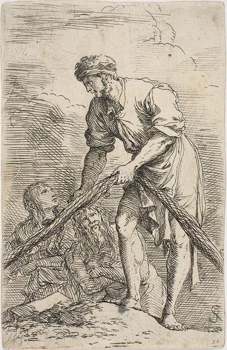 WikiOO.org - Encyclopedia of Fine Arts - Maľba, Artwork Salvator Rosa - A men pulling a net, with two figures behind him, from Figurine series