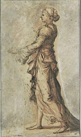 WikiOO.org - Encyclopedia of Fine Arts - Maleri, Artwork Salvator Rosa - Draped woman standing, wearing something, pointing to the left