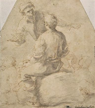 Wikioo.org - The Encyclopedia of Fine Arts - Painting, Artwork by Salvator Rosa - Man standing talking to a seated figure, back, and other characters