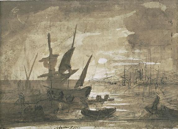 Wikioo.org - The Encyclopedia of Fine Arts - Painting, Artwork by Salvator Rosa - Many boats docked at a port