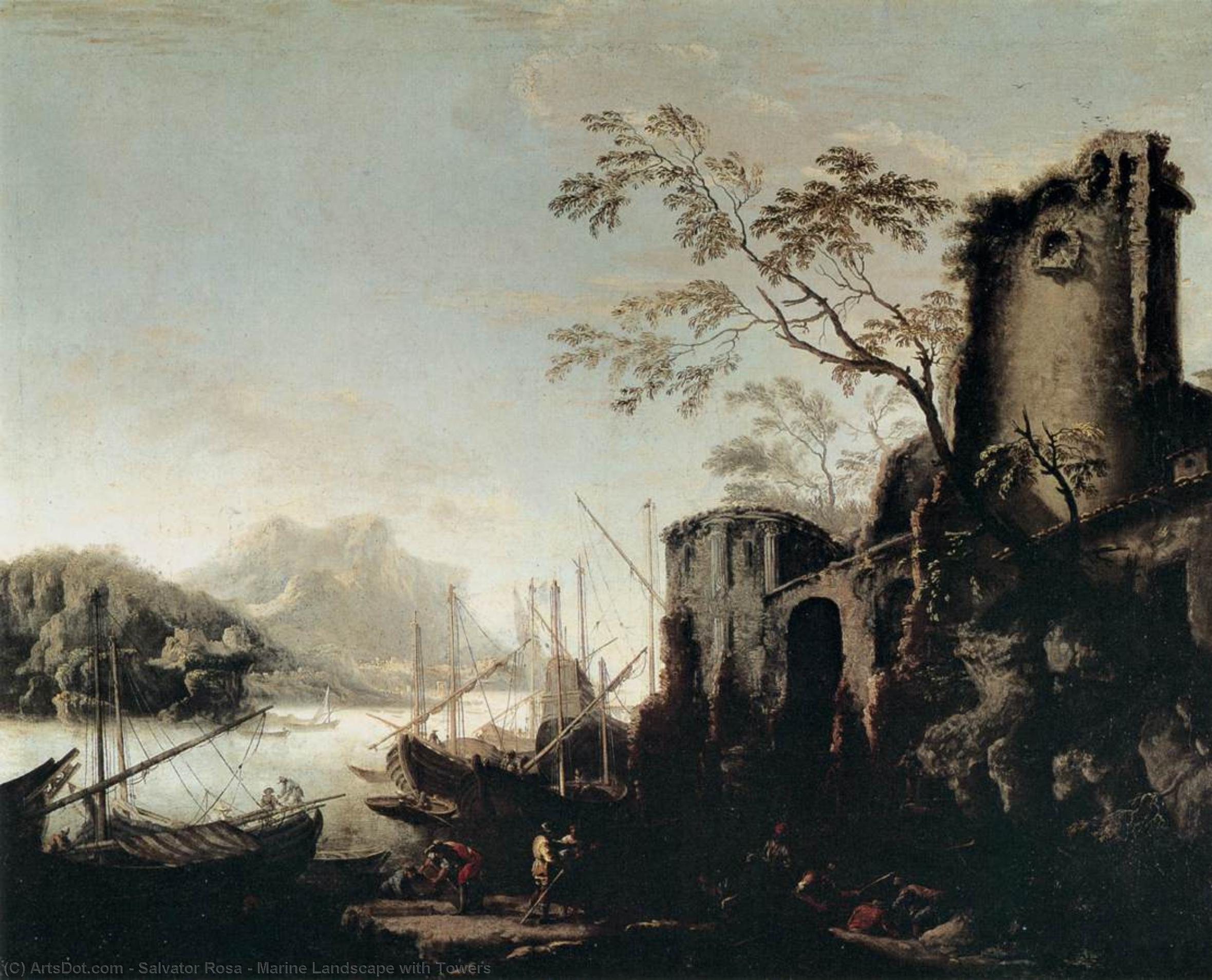 Wikioo.org - The Encyclopedia of Fine Arts - Painting, Artwork by Salvator Rosa - Marine Landscape with Towers