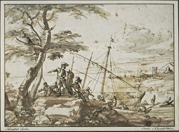 Wikioo.org - The Encyclopedia of Fine Arts - Painting, Artwork by Salvator Rosa - Soldiers disembarking from a galley, with a port in the distance