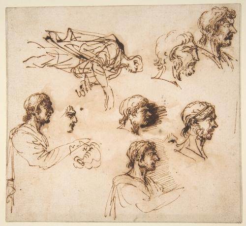 WikiOO.org - Enciclopedia of Fine Arts - Pictura, lucrări de artă Salvator Rosa - Studies of a Man's Head in Profile, and of a Standing Male Figure