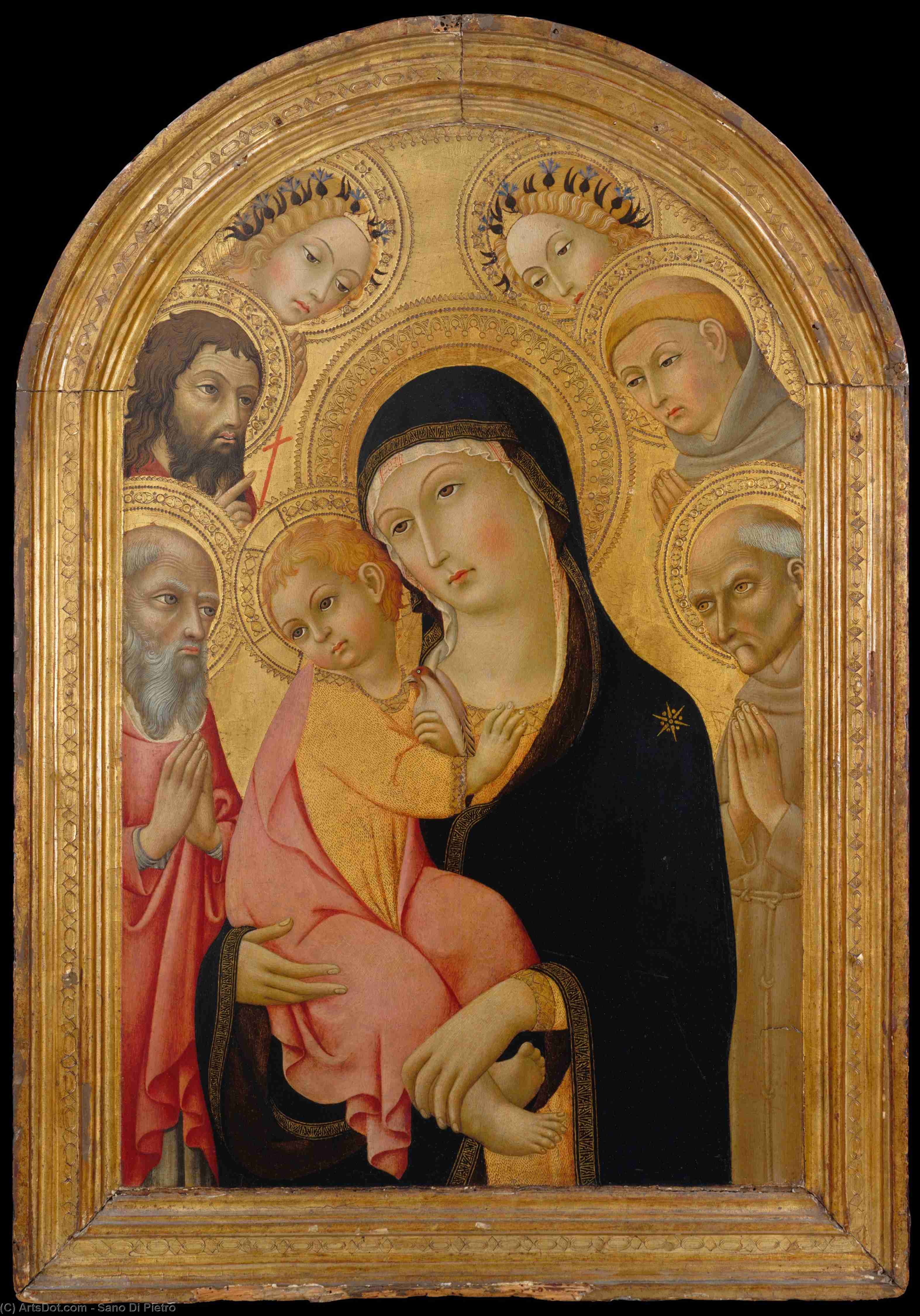 Wikioo.org - The Encyclopedia of Fine Arts - Painting, Artwork by Sano Di Pietro - Madonna and Child with Saints Jerome, Bernardino, John the Baptist, and Anthony of Padua and Two Angels