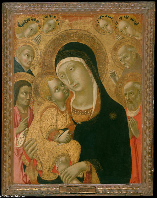 Wikioo.org - The Encyclopedia of Fine Arts - Painting, Artwork by Sano Di Pietro - Madonna and Child with Saints John the Baptist, Jerome, Peter Martyr, and Bernardino and Four Angels