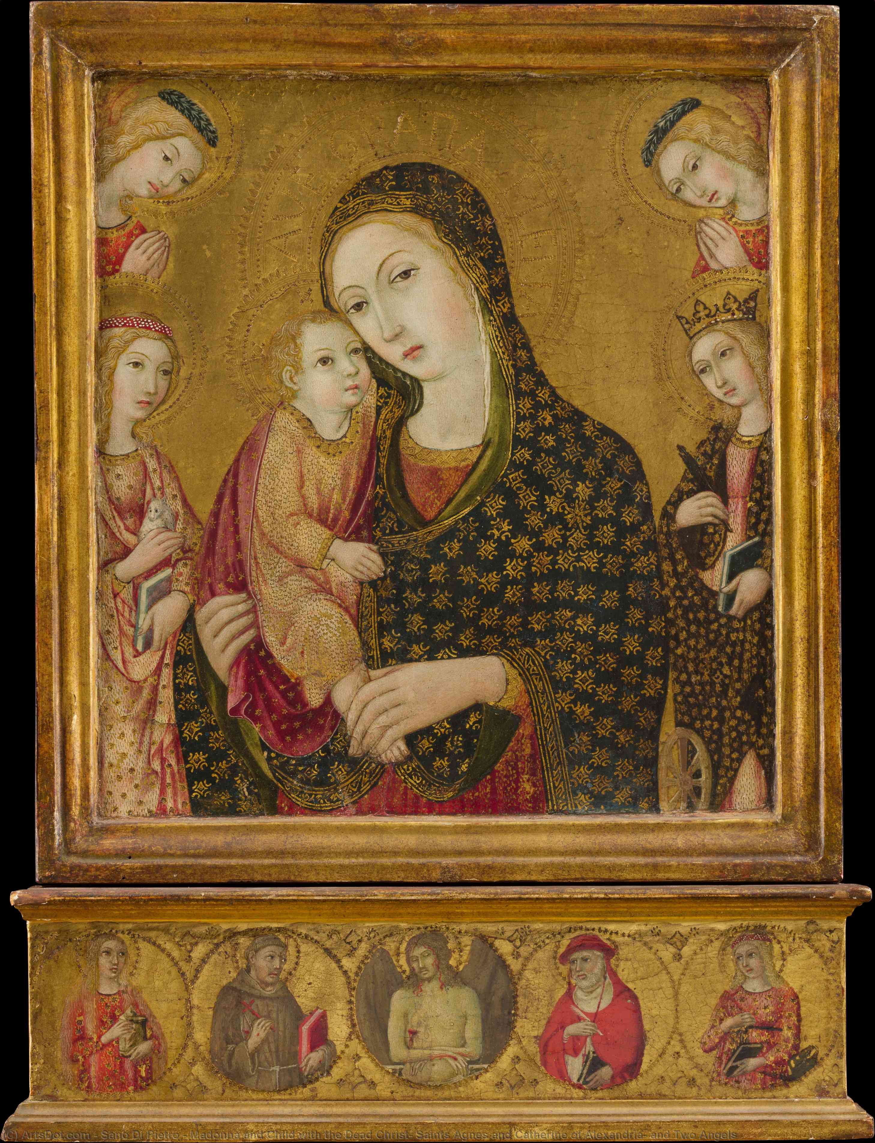 Wikioo.org - The Encyclopedia of Fine Arts - Painting, Artwork by Sano Di Pietro - Madonna and Child with the Dead Christ, Saints Agnes and Catherine of Alexandria, and Two Angels