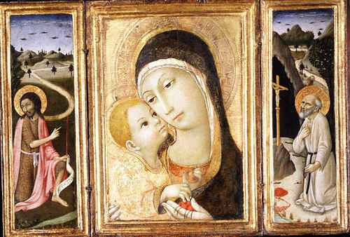 Wikioo.org - The Encyclopedia of Fine Arts - Painting, Artwork by Sano Di Pietro - Madonna and Child; Saint John the Baptist; Saint Jerome