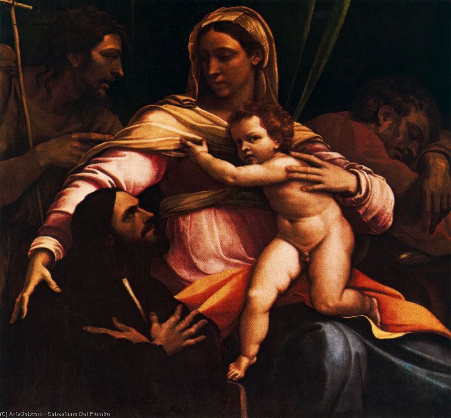 Wikioo.org - The Encyclopedia of Fine Arts - Painting, Artwork by Sebastiano Del Piombo - Holy Family with St. John the Baptist and a donor