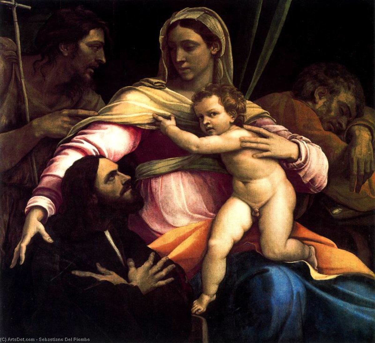 WikiOO.org - Encyclopedia of Fine Arts - Festés, Grafika Sebastiano Del Piombo - The Virgin and Child with Saints Joseph and John the Baptist and a Donor