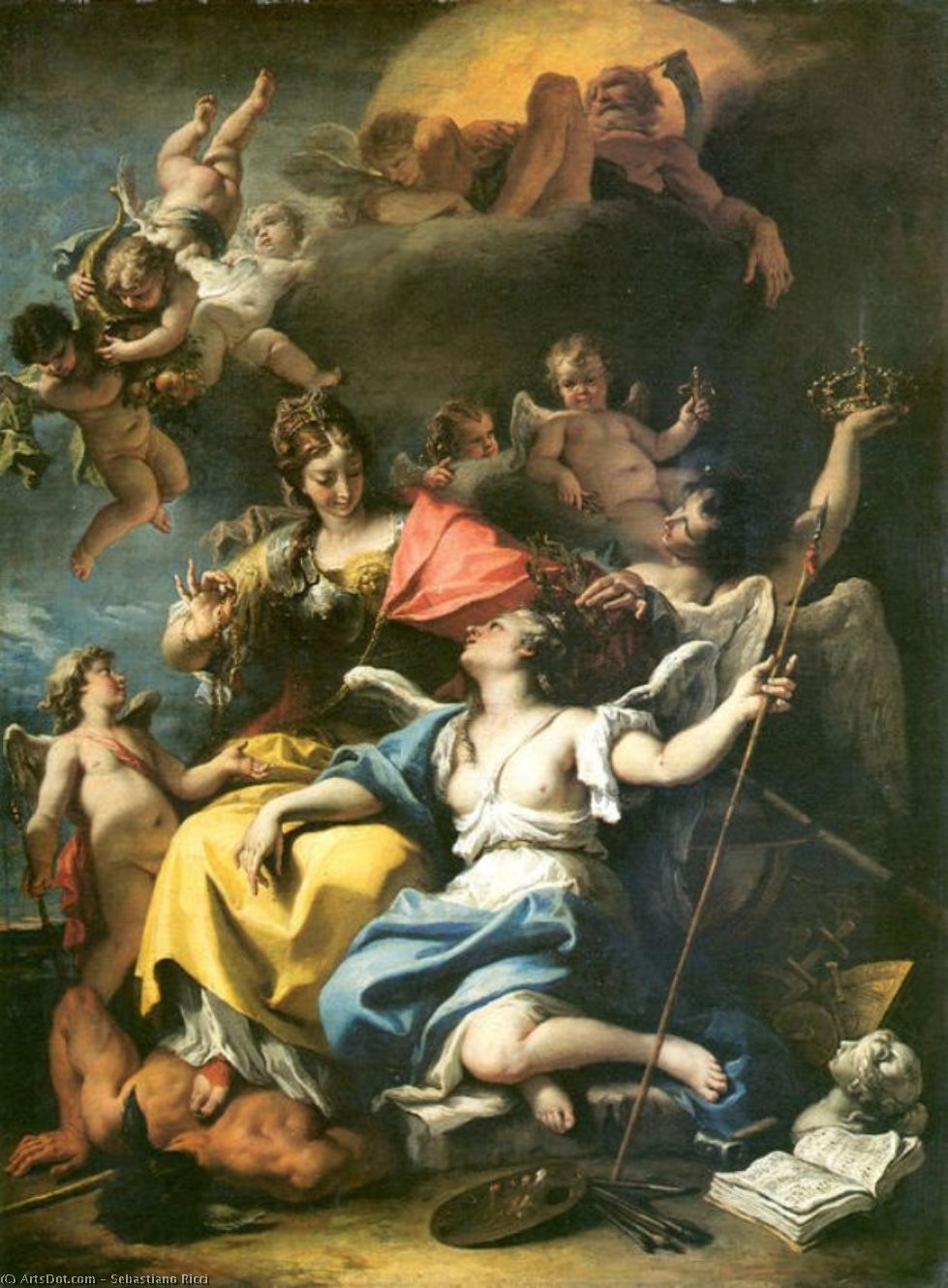 Wikioo.org - The Encyclopedia of Fine Arts - Painting, Artwork by Sebastiano Ricci - Allegory of France as Minerva is triumphing over Ignorance and Crowning the Virtue