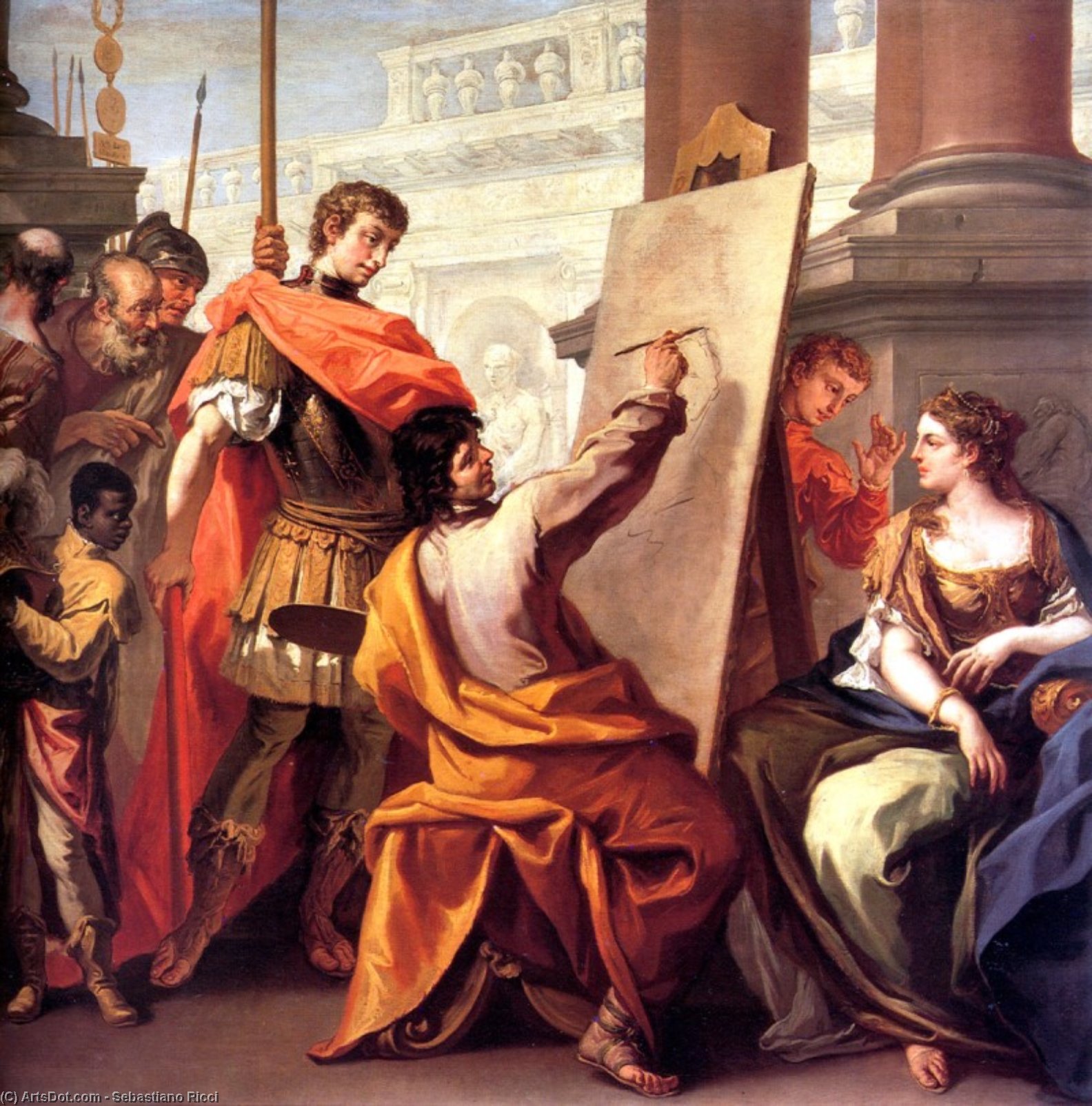 Wikioo.org - The Encyclopedia of Fine Arts - Painting, Artwork by Sebastiano Ricci - Apelles Making a Portrait of Pancaspe