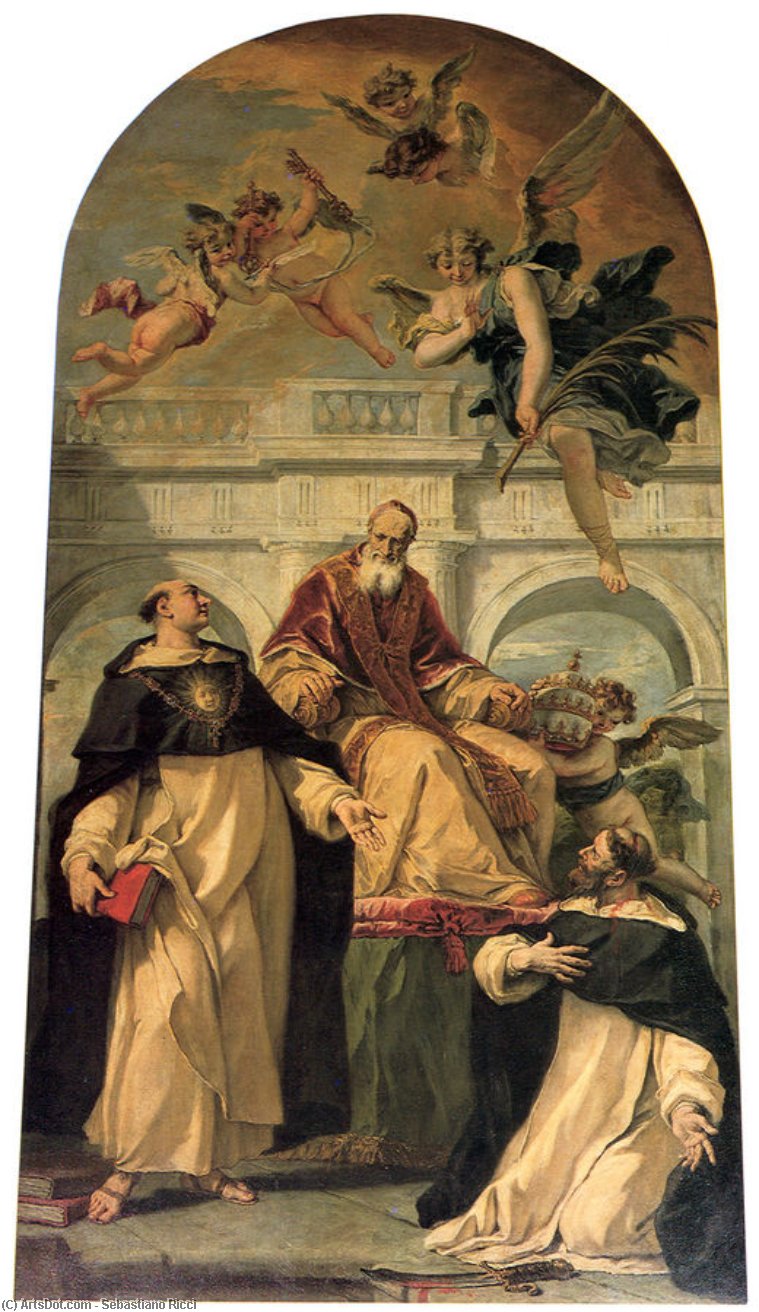 Wikioo.org - The Encyclopedia of Fine Arts - Painting, Artwork by Sebastiano Ricci - Pope Pius V with Saints Thomas Aquinas and Martyr Peter