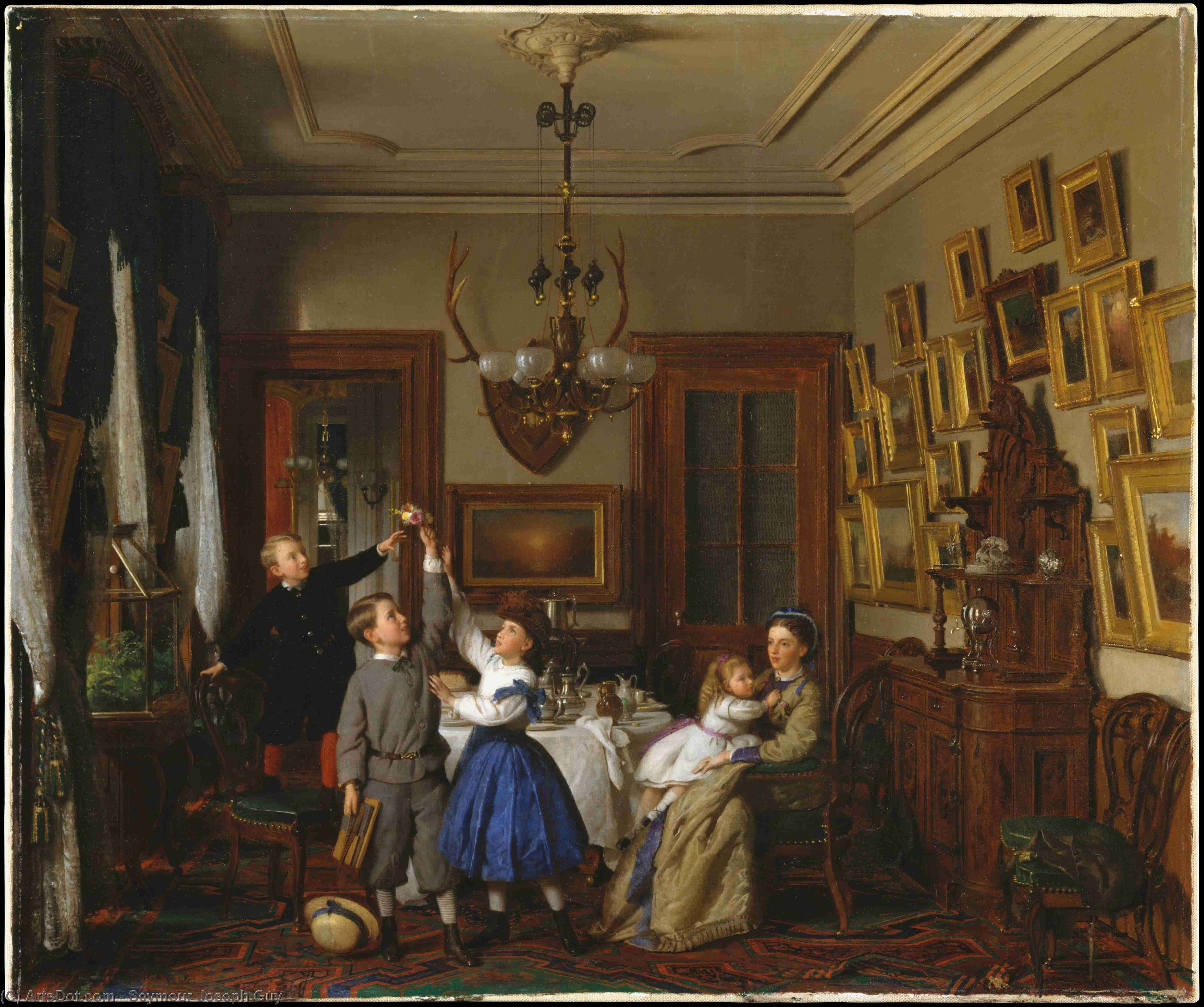 Wikioo.org - The Encyclopedia of Fine Arts - Painting, Artwork by Seymour Joseph Guy - The Contest for the Bouquet. The Family of Robert Gordon in Their New York Dining-Room