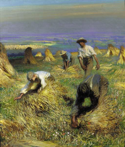 Wikioo.org - The Encyclopedia of Fine Arts - Painting, Artwork by George Clausen - Harvest, tying the sheaves