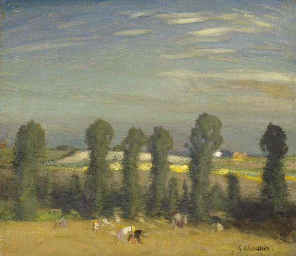 Wikioo.org - The Encyclopedia of Fine Arts - Painting, Artwork by George Clausen - Landscape with hayfield and poplars