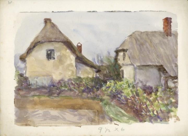 Wikioo.org - The Encyclopedia of Fine Arts - Painting, Artwork by George Clausen - Thatched cottages and gardens