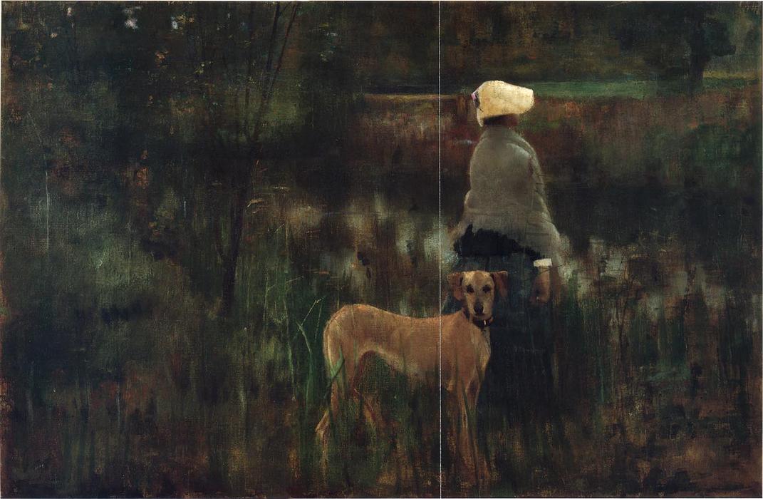Wikoo.org - موسوعة الفنون الجميلة - اللوحة، العمل الفني John Lavery - A woman and her dog at Grez sur Loing