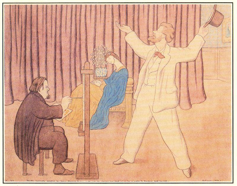 Wikioo.org - The Encyclopedia of Fine Arts - Painting, Artwork by Max Beerbohm - Rossetti insistently exhorted by George Meredith to come forth into the glorius sun and wind for a walk to Hendon and beyond