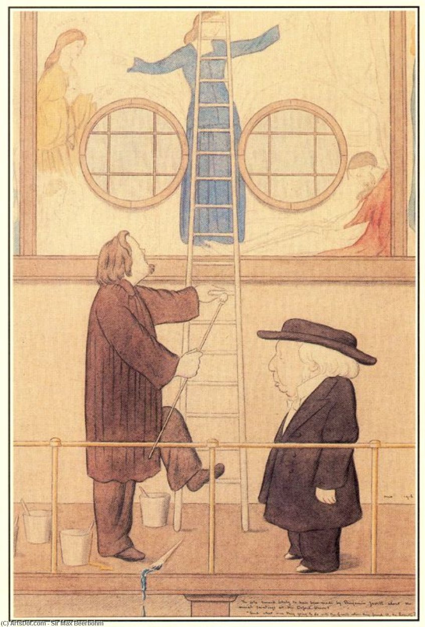 Wikioo.org - The Encyclopedia of Fine Arts - Painting, Artwork by Max Beerbohm - The sole remark likely to have been made by Benjamin Jowett about the mural paintings at the Oxford Union.