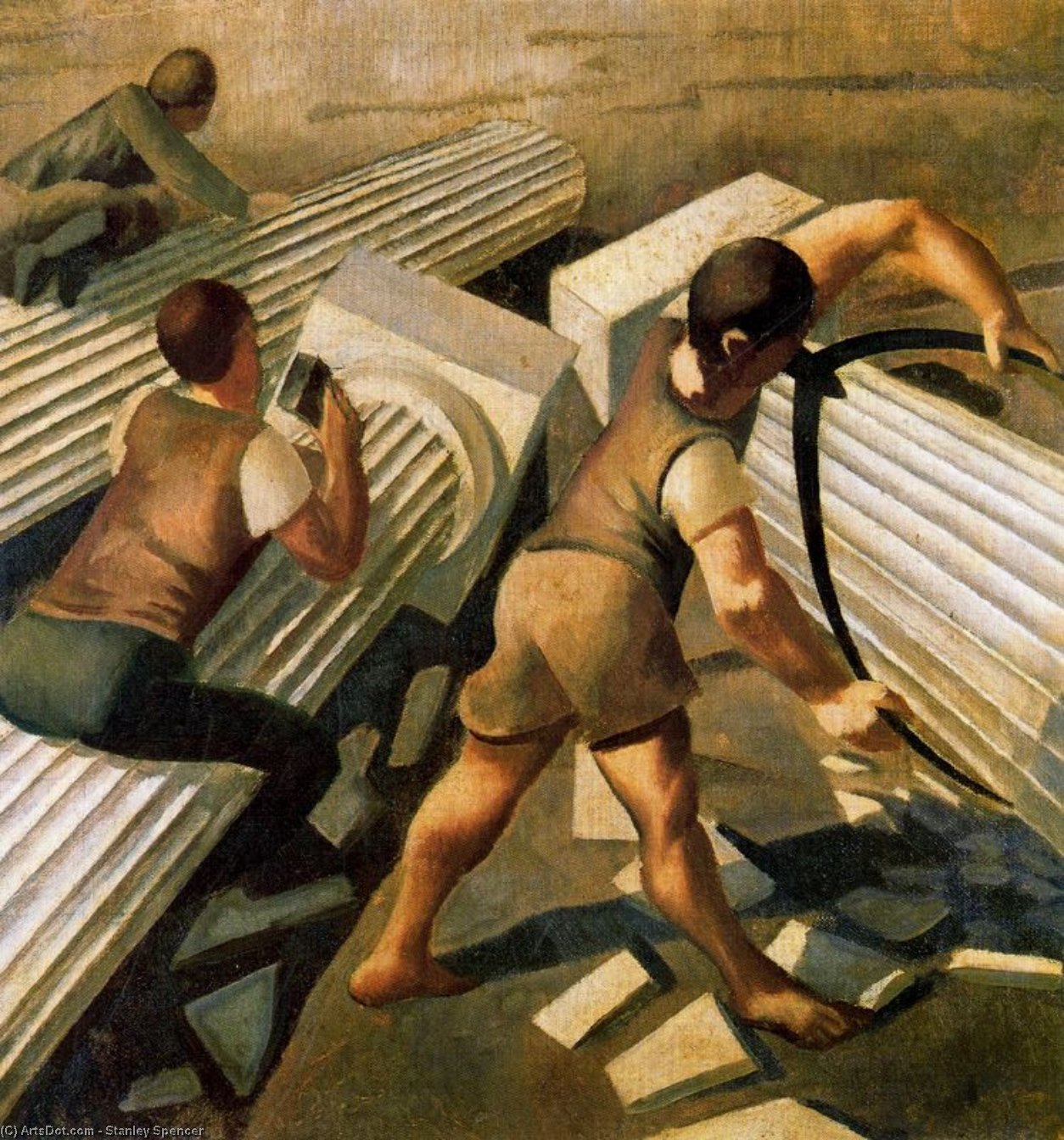 WikiOO.org - Encyclopedia of Fine Arts - Maleri, Artwork Stanley Spencer - Making Columns for the Tower of Babel