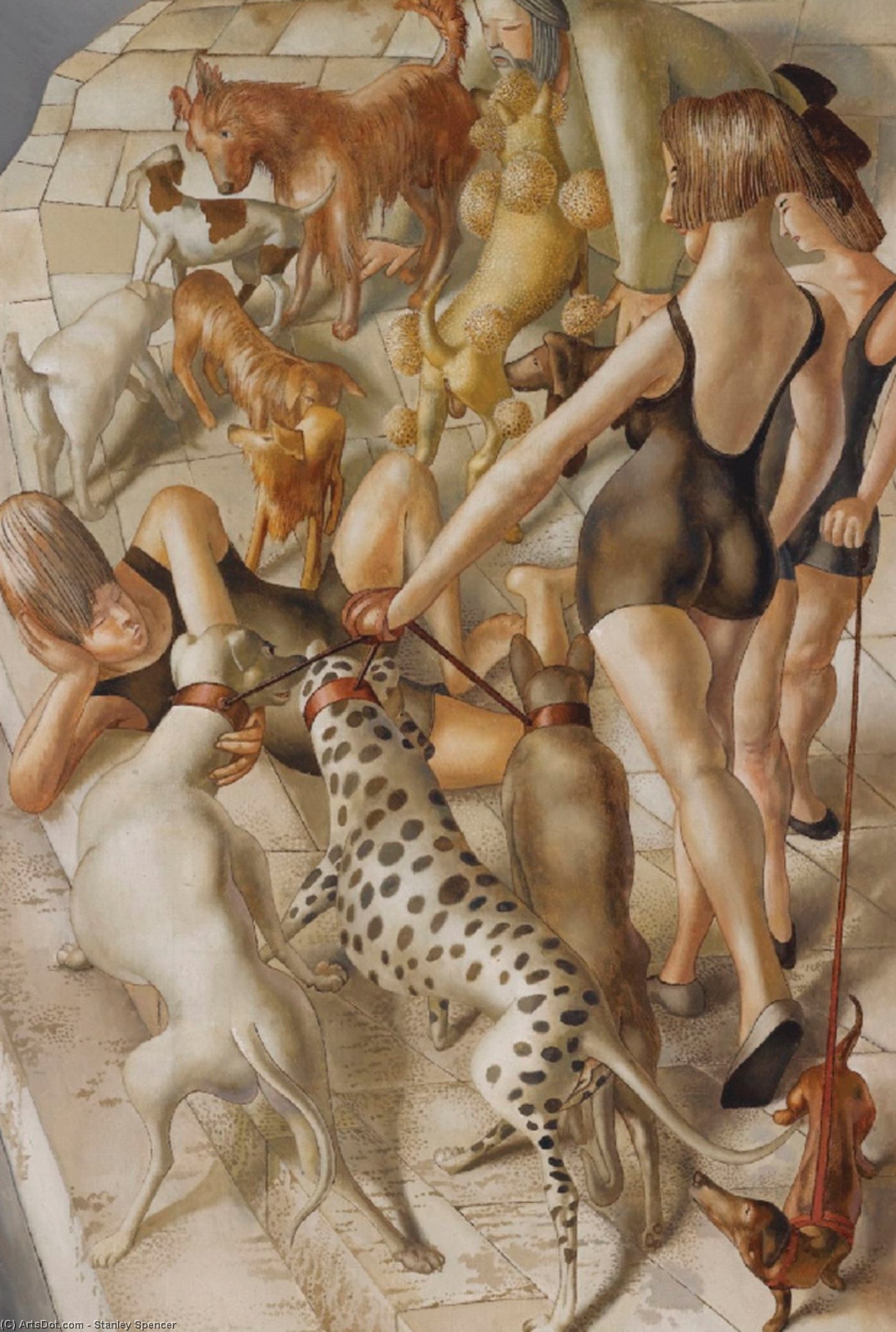Wikoo.org - موسوعة الفنون الجميلة - اللوحة، العمل الفني Stanley Spencer - The bathing poll, dogs