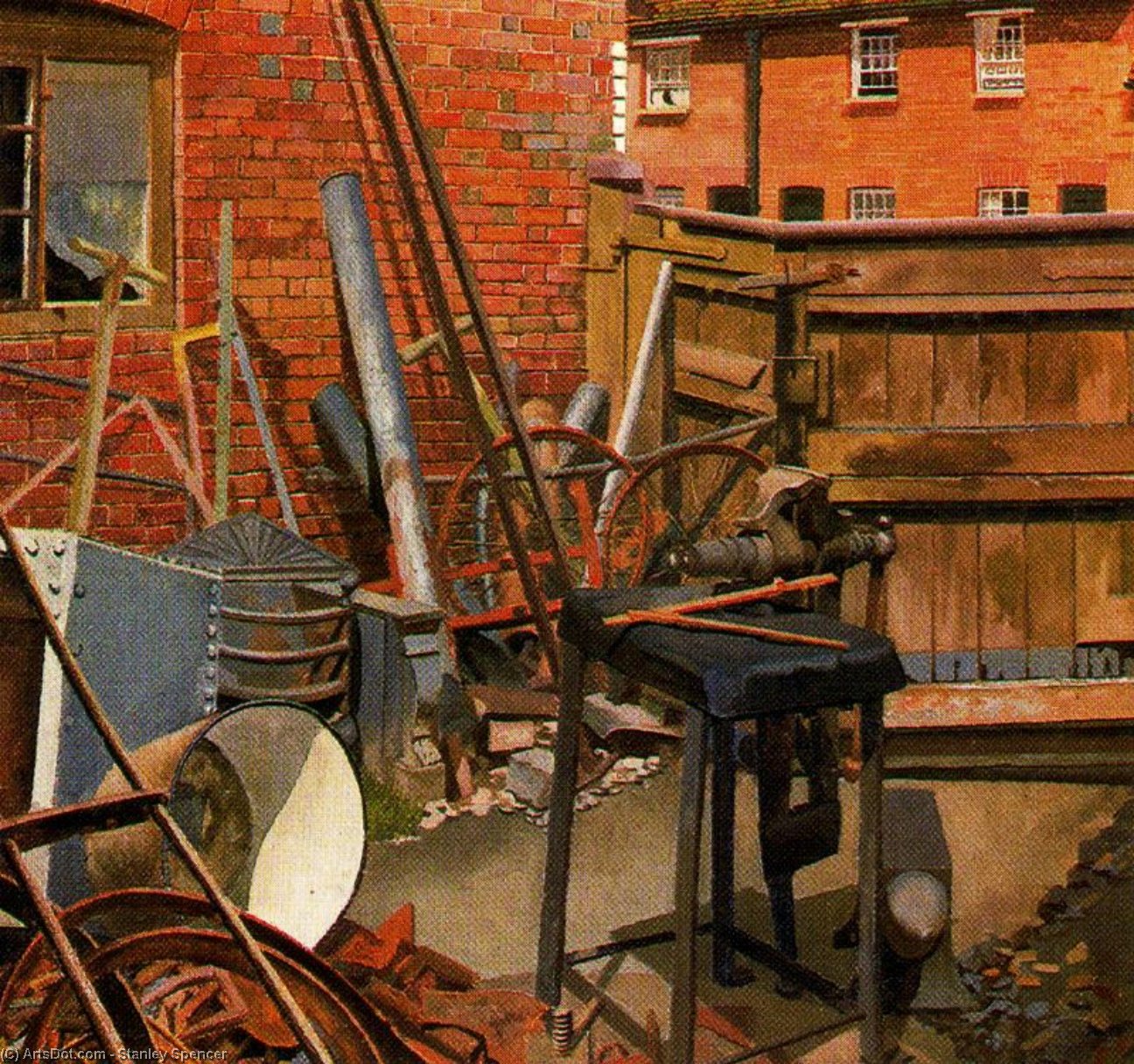 Wikioo.org - The Encyclopedia of Fine Arts - Painting, Artwork by Stanley Spencer - The Blacksmith's Yard. Cookham