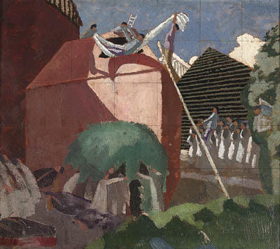 Wikioo.org - The Encyclopedia of Fine Arts - Painting, Artwork by Stanley Spencer - The Paralytic Being Let into the Top of the House on his Bed