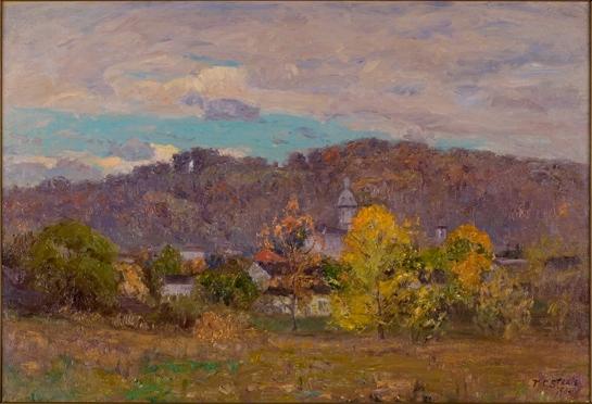 Wikioo.org - The Encyclopedia of Fine Arts - Painting, Artwork by Theodore Clement Steele - Brookville Hilltops-Fall Landscape-Villa