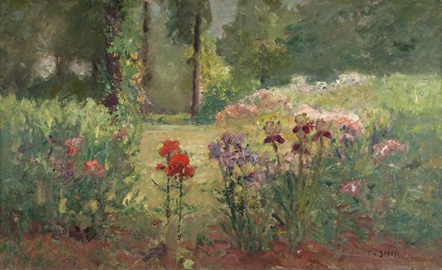 Wikioo.org - The Encyclopedia of Fine Arts - Painting, Artwork by Theodore Clement Steele - Iris and Trees (In the Flower Garden)