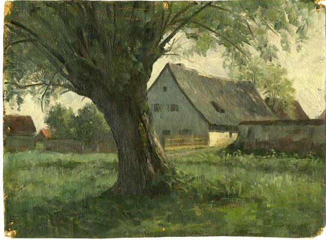 Wikioo.org - The Encyclopedia of Fine Arts - Painting, Artwork by Theodore Clement Steele - Painting Study Large Tree and Farm