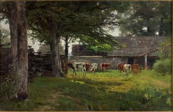 Wikoo.org - موسوعة الفنون الجميلة - اللوحة، العمل الفني Theodore Clement Steele - Pastoral (Cows by the Barn)