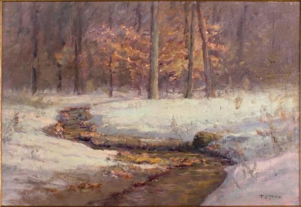Wikioo.org – L'Encyclopédie des Beaux Arts - Peinture, Oeuvre de Theodore Clement Steele - Ravine en Hivernal  matinale  ruisseau  dans  neiges