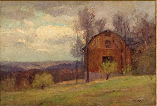 Wikioo.org - The Encyclopedia of Fine Arts - Painting, Artwork by Theodore Clement Steele - Red Barn and Trees