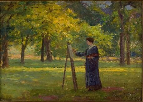 Wikioo.org - The Encyclopedia of Fine Arts - Painting, Artwork by Theodore Clement Steele - Woman Painting in a Grove