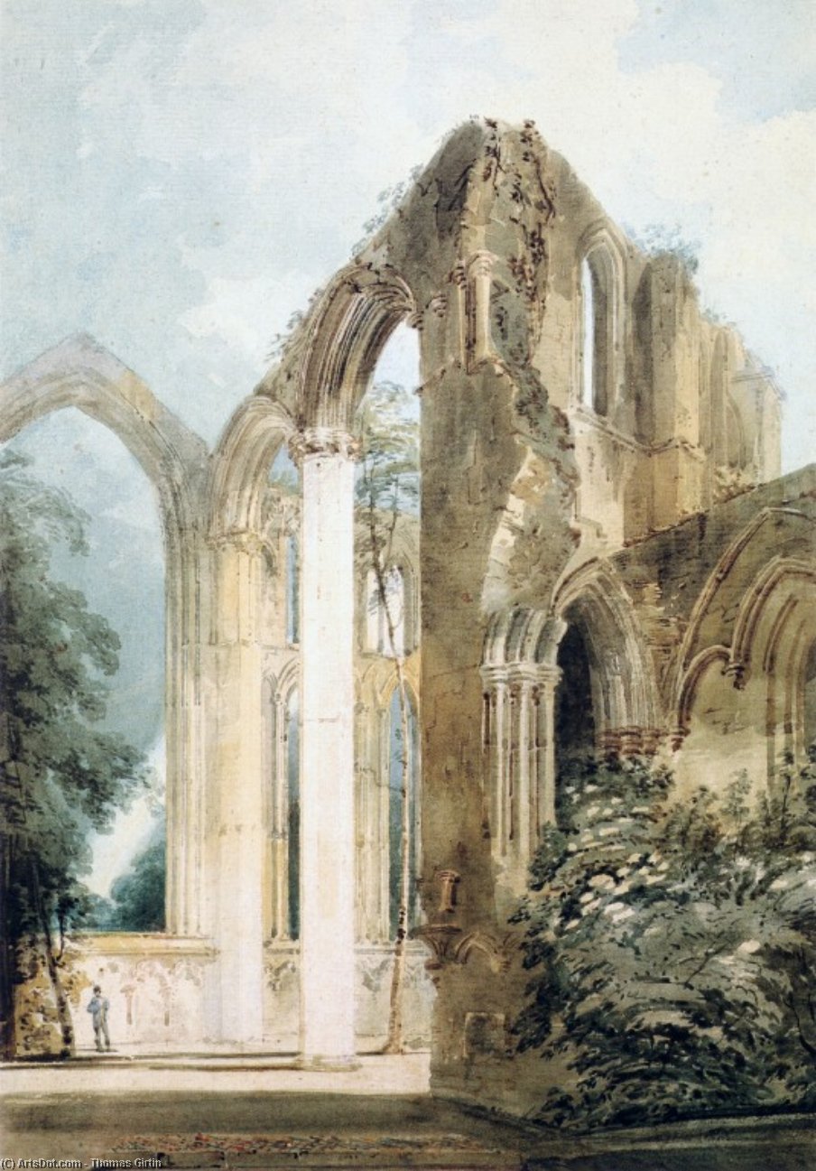 Wikioo.org - The Encyclopedia of Fine Arts - Painting, Artwork by Thomas Girtin - Interior of Fountains Abbey. the East Window