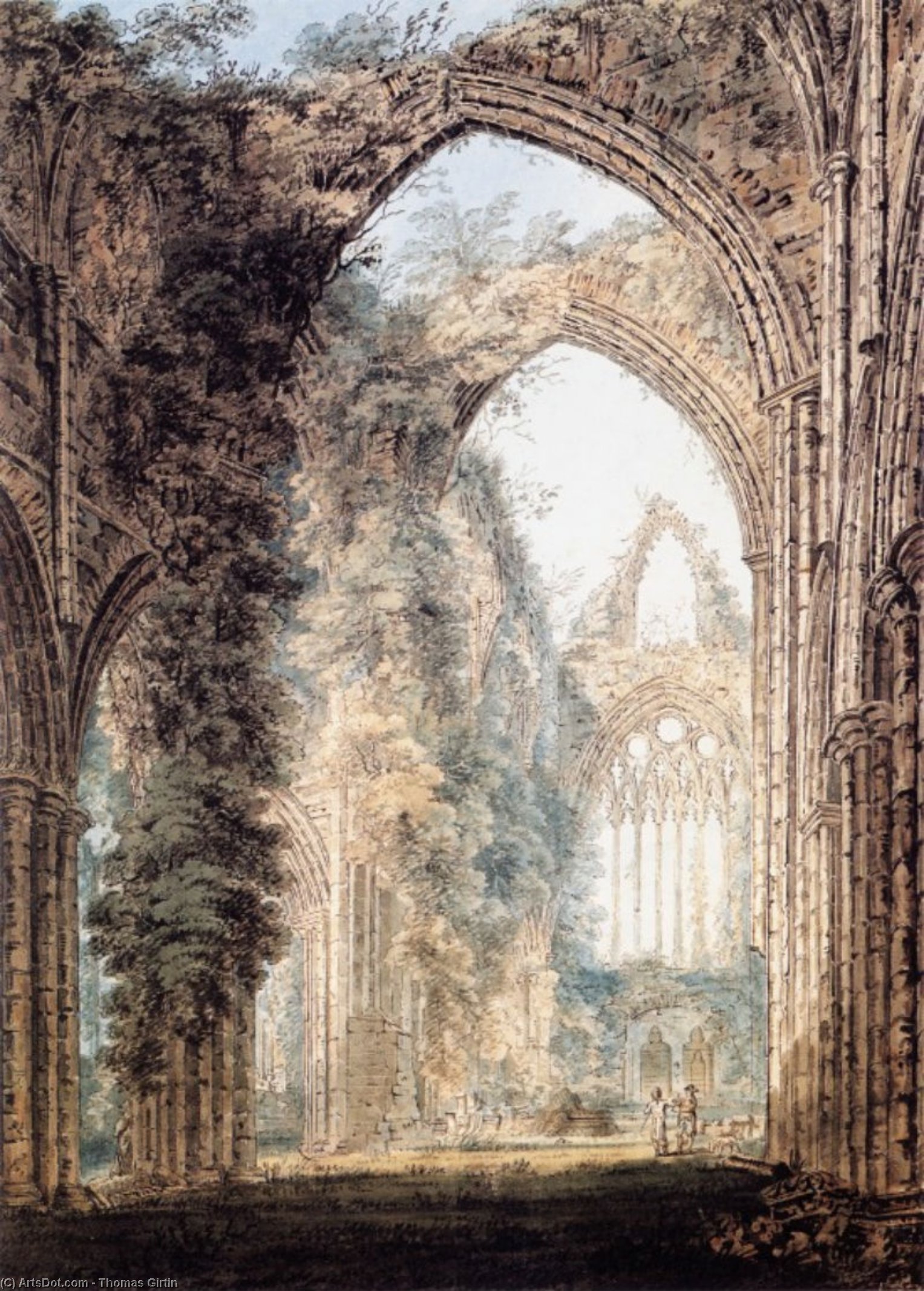 Wikioo.org - The Encyclopedia of Fine Arts - Painting, Artwork by Thomas Girtin - Interior of Tintern Abbey looking toward the West Window