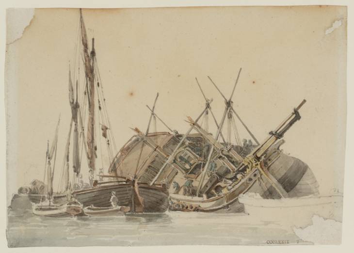 Wikioo.org - The Encyclopedia of Fine Arts - Painting, Artwork by Thomas Girtin - The Hull of a Ship with a Barge and Smaller Boats