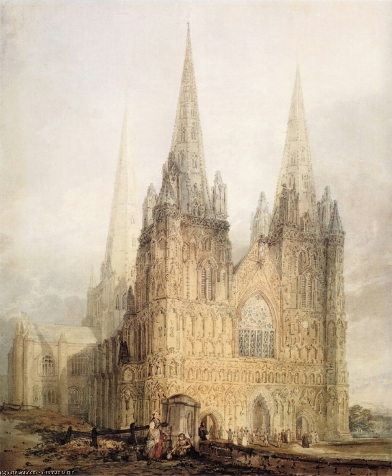 Wikioo.org - The Encyclopedia of Fine Arts - Painting, Artwork by Thomas Girtin - The West Front of Lichfield Cathedral