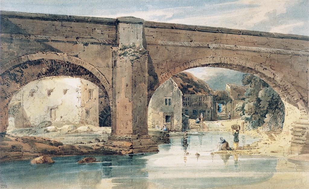 Wikioo.org - The Encyclopedia of Fine Arts - Painting, Artwork by Thomas Girtin - Wetherby Bridge, Yorkshire, looking through the bridge to the mills