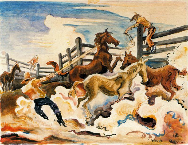 Wikoo.org - موسوعة الفنون الجميلة - اللوحة، العمل الفني Thomas Hart Benton - Lassoing Horses