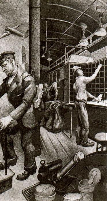 Wikioo.org - The Encyclopedia of Fine Arts - Painting, Artwork by Thomas Hart Benton - Sorting Mail (Study for unexecuted Post Office mural)