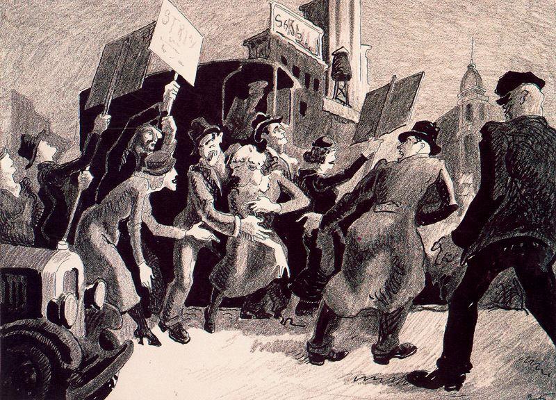 Wikioo.org - The Encyclopedia of Fine Arts - Painting, Artwork by Thomas Hart Benton - Trouble on the Picket Line
