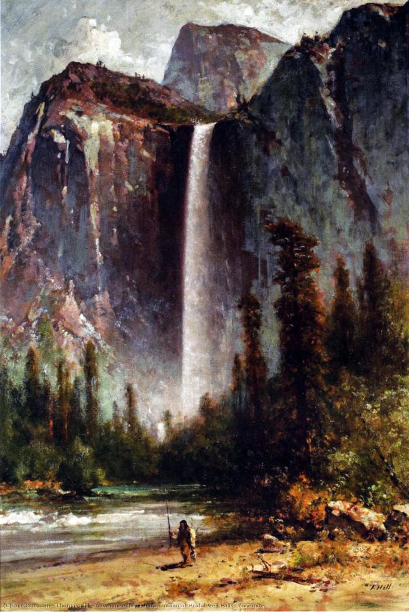 Wikoo.org - موسوعة الفنون الجميلة - اللوحة، العمل الفني Thomas Hill - Ahwahneechee - Piute Indian at Bridal Veil Falls, Yosemite