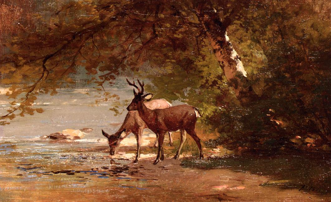 Wikioo.org - The Encyclopedia of Fine Arts - Painting, Artwork by Thomas Hill - Deer in a Landscape